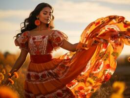 photo de émotif dynamique pose mexicain femme dans l'automne ai génératif