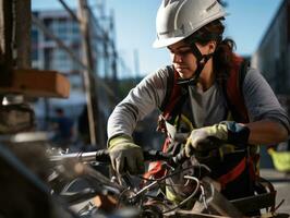 photo coup de une Naturel femme travail comme une construction ouvrier ai génératif