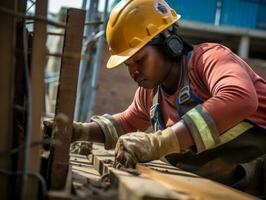 photo coup de une Naturel femme travail comme une construction ouvrier ai génératif