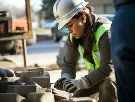 photo coup de une Naturel femme travail comme une construction ouvrier ai génératif