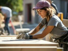 photo coup de une Naturel femme travail comme une construction ouvrier ai génératif