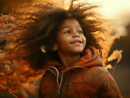 émotif dynamique pose brésilien enfant dans l'automne ai génératif photo