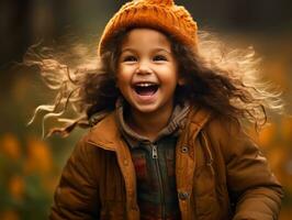 émotif dynamique pose brésilien enfant dans l'automne ai génératif photo