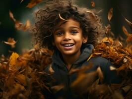 émotif dynamique pose brésilien enfant dans l'automne ai génératif photo