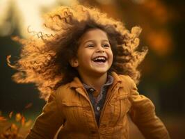 émotif dynamique pose brésilien enfant dans l'automne ai génératif photo