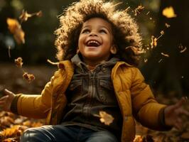 émotif dynamique pose brésilien enfant dans l'automne ai génératif photo