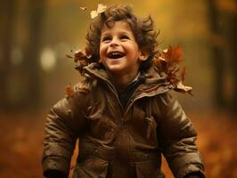 émotif dynamique pose brésilien enfant dans l'automne ai génératif photo