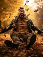 photo de émotif dynamique pose brésilien homme dans l'automne ai génératif