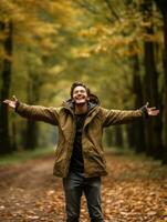 photo de émotif dynamique pose brésilien homme dans l'automne ai génératif