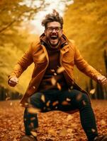 photo de émotif dynamique pose brésilien homme dans l'automne ai génératif