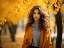 européen femme dans émotif dynamique pose sur l'automne Contexte ai génératif photo