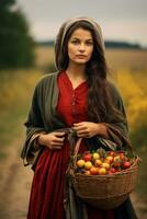 européen femme dans émotif dynamique pose sur l'automne Contexte ai génératif photo