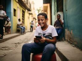 adolescent de Colombie en utilisant une téléphone intelligent pour en jouant Jeux ai génératif photo