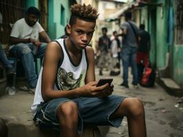 adolescent de Colombie en utilisant une téléphone intelligent pour en jouant Jeux ai génératif photo