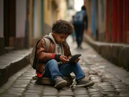 adolescent de Colombie en utilisant une téléphone intelligent pour en jouant Jeux ai génératif photo