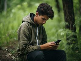 adolescent de Colombie en utilisant une téléphone intelligent pour en jouant Jeux ai génératif photo