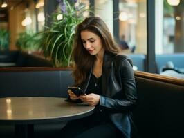 femme de Colombie en utilisant téléphone intelligent pour en ligne la communication ai génératif photo