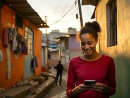 femme de Colombie en utilisant téléphone intelligent pour en ligne la communication ai génératif photo