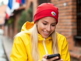 femme de Colombie en utilisant téléphone intelligent pour en ligne la communication ai génératif photo