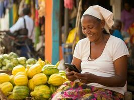 femme de Colombie en utilisant téléphone intelligent pour en ligne la communication ai génératif photo