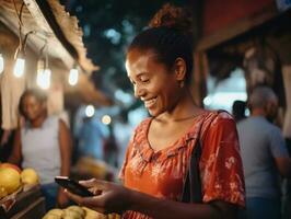 femme de Colombie en utilisant téléphone intelligent pour en ligne la communication ai génératif photo