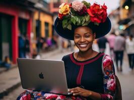 femme de Colombie travail sur une portable dans une vibrant Urbain réglage ai génératif photo