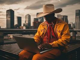 colombien homme travail sur une portable dans une vibrant Urbain réglage ai génératif photo