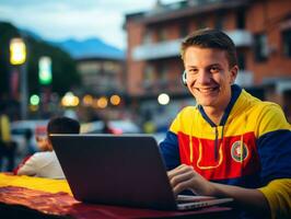 colombien homme travail sur une portable dans une vibrant Urbain réglage ai génératif photo