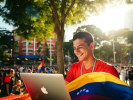 colombien homme travail sur une portable dans une vibrant Urbain réglage ai génératif photo