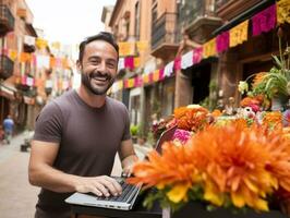 colombien homme travail sur une portable dans une vibrant Urbain réglage ai génératif photo