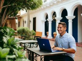 colombien homme travail sur une portable dans une vibrant Urbain réglage ai génératif photo