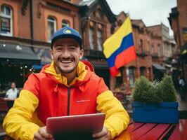 colombien homme travail sur une portable dans une vibrant Urbain réglage ai génératif photo