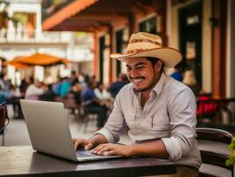 colombien homme travail sur une portable dans une vibrant Urbain réglage ai génératif photo