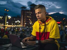 colombien homme travail sur une portable dans une vibrant Urbain réglage ai génératif photo