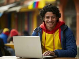 colombien homme travail sur une portable dans une vibrant Urbain réglage ai génératif photo