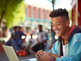 colombien adolescent travail sur une portable dans une vibrant Urbain réglage ai génératif photo