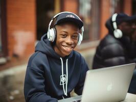 colombien adolescent travail sur une portable dans une vibrant Urbain réglage ai génératif photo