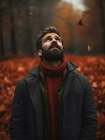 européen homme dans émotif dynamique pose sur l'automne Contexte ai génératif photo