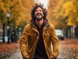 européen homme dans émotif dynamique pose sur l'automne Contexte ai génératif photo