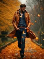 européen homme dans émotif dynamique pose sur l'automne Contexte ai génératif photo