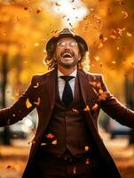 européen homme dans émotif dynamique pose sur l'automne Contexte ai génératif photo