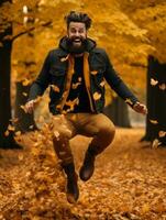 européen homme dans émotif dynamique pose sur l'automne Contexte ai génératif photo