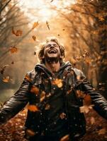 européen homme dans émotif dynamique pose sur l'automne Contexte ai génératif photo