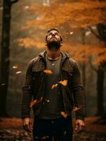 européen homme dans émotif dynamique pose sur l'automne Contexte ai génératif photo