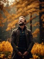 européen homme dans émotif dynamique pose sur l'automne Contexte ai génératif photo