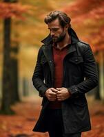 européen homme dans émotif dynamique pose sur l'automne Contexte ai génératif photo