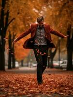 européen homme dans émotif dynamique pose sur l'automne Contexte ai génératif photo