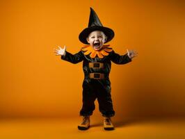 enfant dans une Halloween costume avec une espiègle pose ai génératif photo