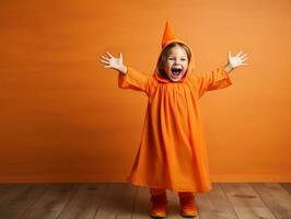 enfant dans une Halloween costume avec une espiègle pose ai génératif photo