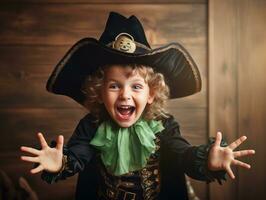 enfant dans une Halloween costume avec une espiègle pose ai génératif photo